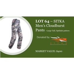 Sitka Cloudburst Pants, mens size large tall, open country optifade pattern