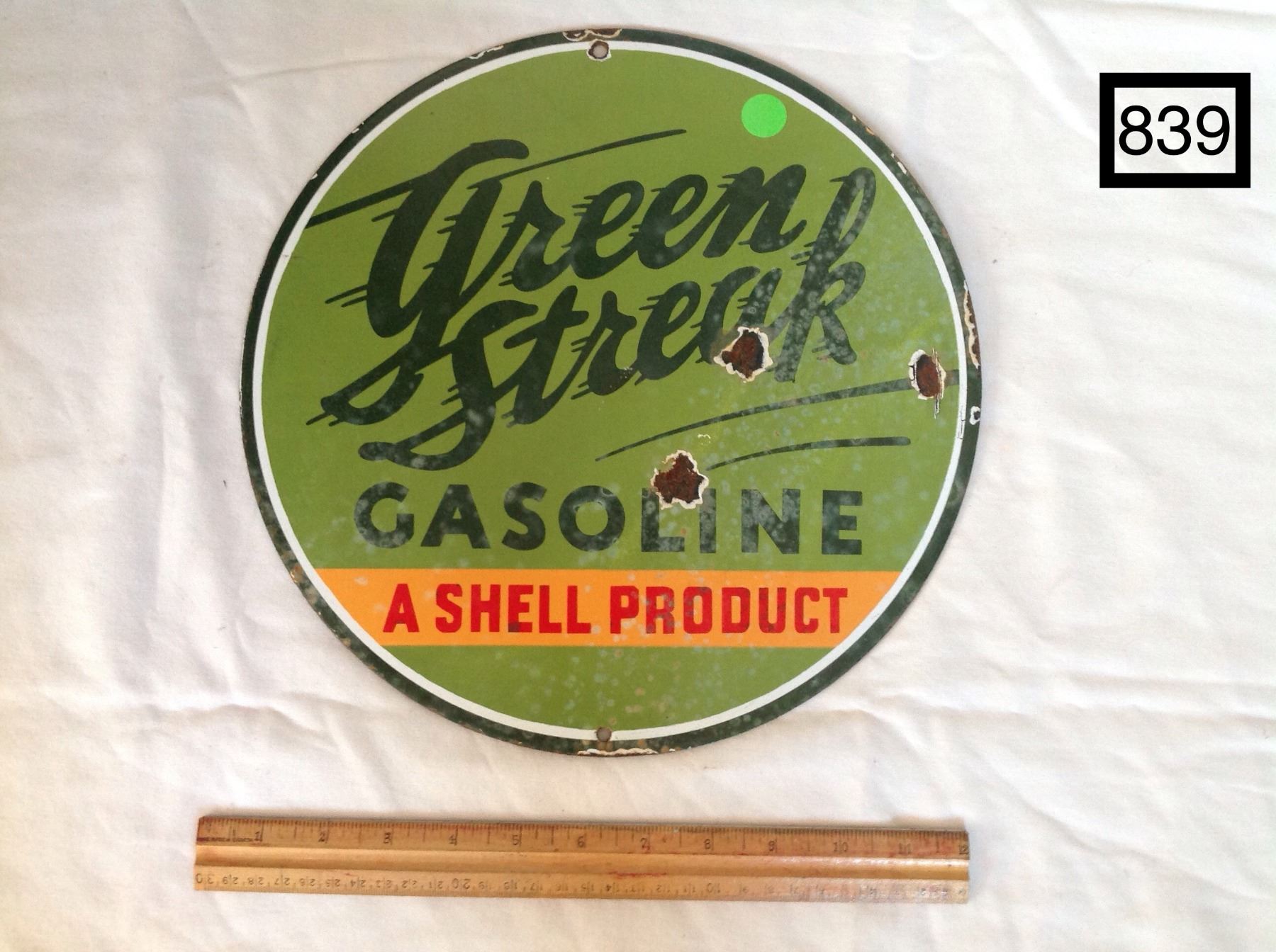 SHELL GREEN STREAK GASOLINE HEAVY METAL PORCELAIN SIGN. (REPRODUCTION)