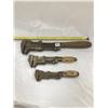 Image 1 : 3 VINTAGE WOODEN HANDLED CRESCENT WRENCHES - THE LARGE ONE IS STAMPED CPR