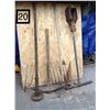 Image 1 : OLD PICK, LOGGERS TOOL, 2 FORK ENDS,POST HOLE AUGER,TAMPER,GARDEN SURFACE HOE