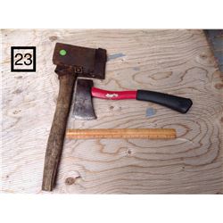 OLD WOODEN HANDLE HATCHET WITH LEATHER SHEATH COVER & HILKO HATCHET