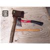 Image 1 : OLD WOODEN HANDLE HATCHET WITH LEATHER SHEATH COVER & HILKO HATCHET