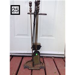 4 PIECE BRASS FIREPLACE SET WITH FANCY LOG TURNER