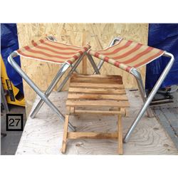 3 FOLDING CAMP STOOLS. 2 ALUMINUM, 1 WOOD