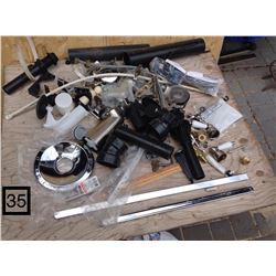 BOX OF VARIOUS PLUMBING PARTS. MOSTLY NEW, SOME USED.