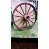 Image 2 : WOODEN WAGON WHEEL (COMPLETE) HUB SOLID/OUTER WOOD RIM HAS A DETERIORATED AREA