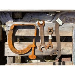 VINTAGE WRENCHES AND CLAMP - JOHN DEERE, MASSEY HARRIS