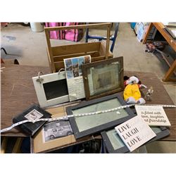 LOT OF WOODEN PICTURE FRAMES, PHOTO ALBUM, HOME HARDWARE DOG, ETC.