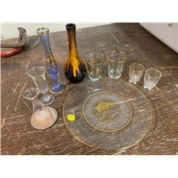 GLASS ALASKA SALMON PLATE, GLASSES, AND VASES