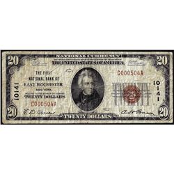 1929 $20 First NB of East Rochester, NY CH# 10141 National Currency Note