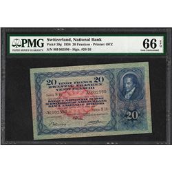 1938 Switzerland 20 Franken National Bank Note Pick #39g PMG Gem Uncirculated 66EPQ