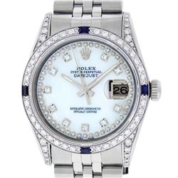 Rolex Mens Stainless Steel MOP Diamond & Sapphire Datejust Wristwatch