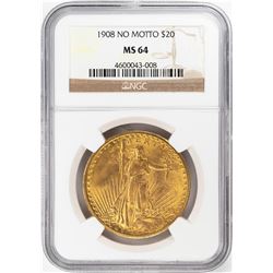 1908 No Motto $20 St. Gaudens Double Eagle Gold Coin NGC MS64