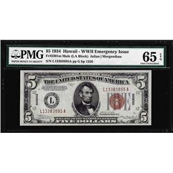 1934 $5 Hawaii WWII Emergency Issue Federal Reserve Note PMG Gem Uncirculated 65EPQ