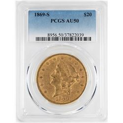 1869-S $20 Liberty Head Double Eagle Gold Coin PCGS AU50