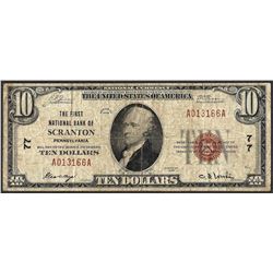 1929 $10 First NB of Scranton, Pennsylvania CH# 77 National Currency Note