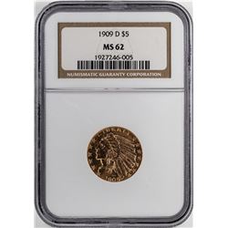 1909-D $5 Indian Half Eagle Gold Coin NGC MS62