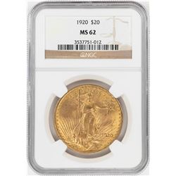 1920 $20 St. Gaudens Double Eagle Gold Coin NGC MS62