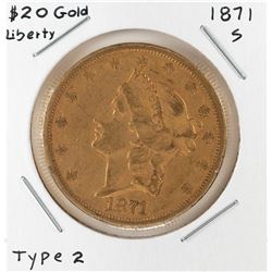 1871-S Type 2 $20 Liberty Head Double Eagle Gold Coin