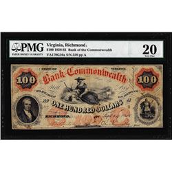 1858 $100 Bank of the Commonwealth Richmond, VA Obsolete Note PMG Very Fine 20