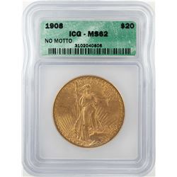 1908 $20 St. Gaudens Double Eagle Gold Coin ICG MS62