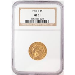 1910-D $5 Indian Head Half Eagle Gold Coin NGC MS61