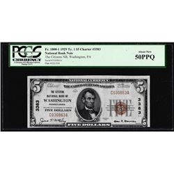 1929 $5 NB of Washington, PA CH# 3383 National Currency Note PCGS About New 50PPQ