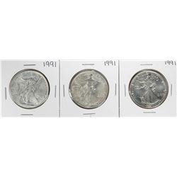 Group of (3) 1991 $1 American Silver Eagle Coins