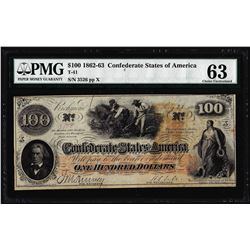 1862 $100 Confederate States of America Note T-41 PMG Choice Uncirculated 63