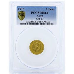 1916 Cuba Dos Pesos Gold Coin PCGS MS64