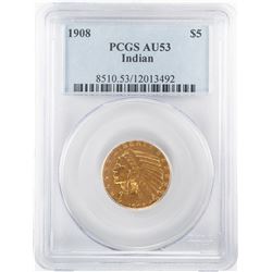 1908 $5 Indian Head Half Eagle Gold Coin PCGS AU53