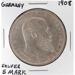 1908 Germany 5 Mark Wuttemberg Silver Coin