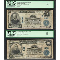 1902PB $5/10 First NB of Washington, PA CH# 586 National Currency Notes PCGS Fine 15