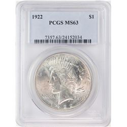 1922 $1 Peace Silver Dollar Coin PCGS MS63