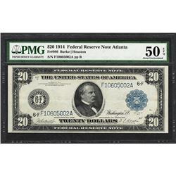 1914 $20 Federal Reserve Note Atlanta Fr.986 PMG About Uncirculated 50EPQ