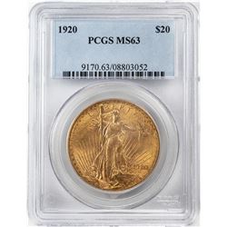 1920 $20 St. Gaudens Double Eagle Gold Coin PCGS MS63