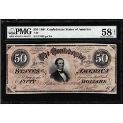 1864 $50 Confederate States of America Note T-66 PMG About Uncirculated 58EPQ