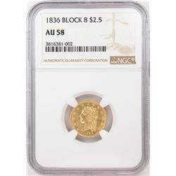 1836 Block 8 $2 1/2 Classic Head Quarter Eagle Gold Coin NGC AU58