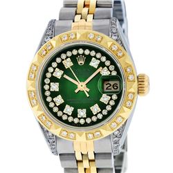 Rolex Ladies Two Tone 14K Green Vignette Diamond Lugs Pyramid 26MM Datejust Wristwatch