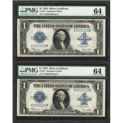 (2) Consecutive 1923 $1 Silver Certificate Notes Fr.237 PMG Choice Uncirculated 64