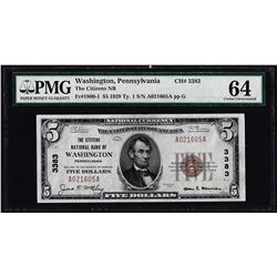 1929 $5 NB Washington, PA CH# 3383 National Currency Note PMG Choice Uncirculated 64