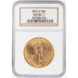 1923-D $20 St. Gaudens Double Eagle Gold Coin NGC MS64