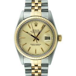 Rolex Mens Two Tone 14K Champagne Tapestry Index 36MM Datejust Wristwatch