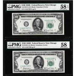 (2) Consecutive 1950E $100 Federal Reserve Notes Chicago PMG Choice About Unc 58EPQ