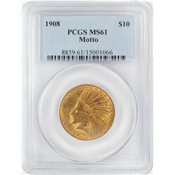 1908 $10 Indian Head Eagle Gold Coin PCGS MS61