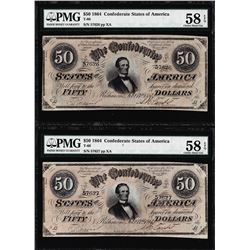Consecutive 1864 $50 Confederate States of America Notes PMG About Uncirculated 58EPQ