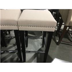 LIGHT BEIGE UPHOLSTERED STOOL 29" WITH SILVER ACCENT