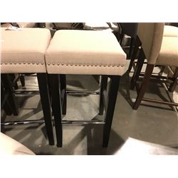 LIGHT BEIGE UPHOLSTERED STOOL 29" WITH SILVER ACCENT