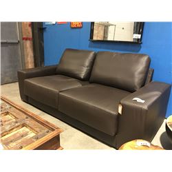 BROWN 2-CUSHION LOVE SEAT (APPROX 85" WIDE) SYNTHETIC LEATHER - MSRP $1755