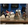 Image 1 : GROUP OF 5 ITEMS - 2 ANTIQUE OIL TINS, 2 METAL DOGS MADE OUT OF RECLAIMED METAL & LARGE FACE ALARM